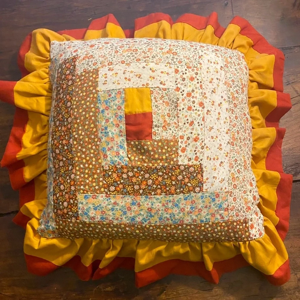 Antique Log Cabin Quilt Pillow Floral Back Terracotta Gold Applecore Aesthetic